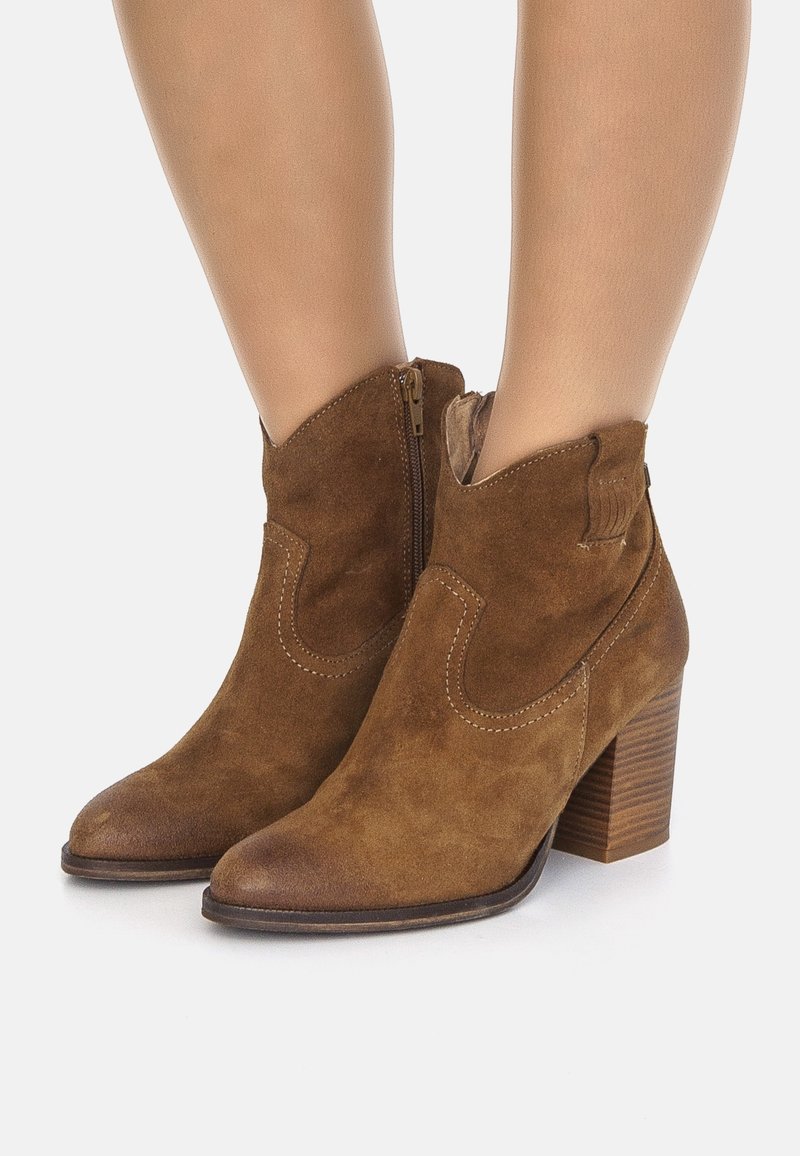 Bottines en daim marron avec fermeture éclair latérale, bout arrondi pointu, couture décorative et talons blocs empilés portées sur des jambes nues.