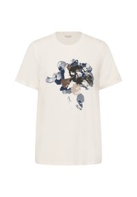 Weißes Baumwoll-T-Shirt mit einem floralen Druck in Blau-, Marine- und Beigetönen. Rundhalsausschnitt, kurze Ärmel und lockere Passform.