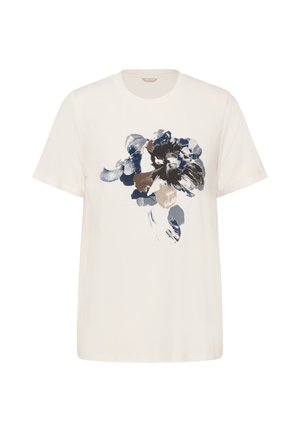 Weißes Baumwoll-T-Shirt mit einem floralen Druck in Blau-, Marine- und Beigetönen. Rundhalsausschnitt, kurze Ärmel und lockere Passform.