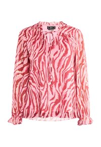 Blusa trasparente rosa con un motivo a zebra in tonalità di rosa e rosso, con un colletto con fiocco e polsini arricciati. Tessuto leggero e fluttuante.