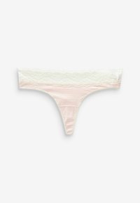 Roze gestreepte stringonderbroek met een witte kanten tailleband. Het materiaal is glad en het kant heeft een gekartelde rand.