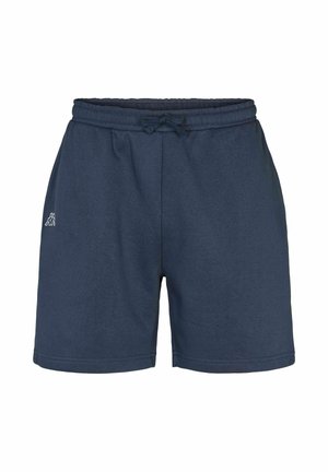 Tumesinised vabaaja lühikesed püksid elastse vöökoha ja nööriga, vasakul reiel väike valge logo.