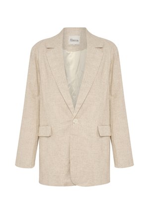 Beež ühenupuline bleiser sälgkrae, kahe eesmise kaantasku ja siledast voodrist.