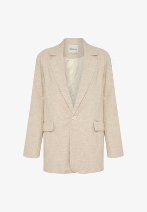 Blazer beige con un botón, solapas con muesca, dos bolsillos delanteros con solapa y forro interior suave.