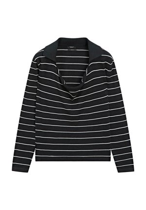 Pull noir à manches longues avec des rayures horizontales blanches et un col en V profond, posé à plat sur un fond blanc.