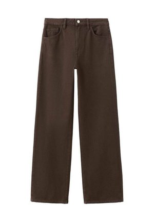 Pantalones marrones de pierna ancha hechos de mezclilla, con cintura alta, cinco bolsillos y un solo botón frontal. Textura lisa, sin estampados.