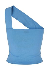 Jasnoniebieska asymetryczna bawełniana bluzka na ramiączkach z jednym szerokim ramiączkiem krzyżującym się diagonalnie na klatce piersiowej.