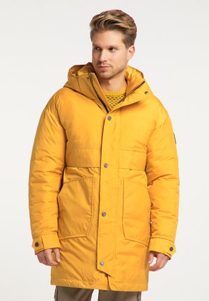 Gelbe isolierte Parkajacke mit Kapuze, Druckknopfverschluss, zwei großen Fronttaschen und knöpfbaren Manschetten. Glatter, glänzender Stoff.