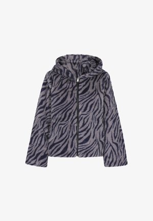Weiche graue Fleecejacke mit Kapuze, die über ein schwarzes Zebramuster verfügt, einen durchgehenden Reißverschluss auf der Vorderseite hat und lange Ärmel besitzt.