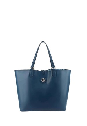 Borsa tote in pelle blu navy con doppi manici e piccolo emblema logo tondo argentato al centro frontale.