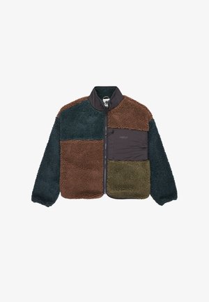 Fleecejack met kleurblokken in bruin, groen en teal. Heeft een hoge kraag, ritssluiting en een opgestikte zak aan de voorkant.