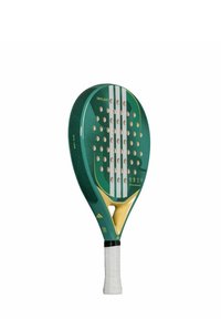 Groene padelracket met een gestructureerd oppervlak, witte strepen en gele accenten. Bevat perforaties en een witte grip op de handgreep.