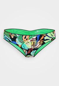 Bikini bottom featuring a vibrant tropical print with green, orange, and blue leaves on a black background and a green waistband.