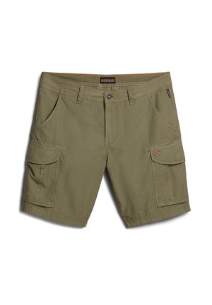 Shorts cargo vert olive en tissu résistant, dotés de deux poches avant, deux poches latérales et d'un petit patch avec un détail de drapeau.