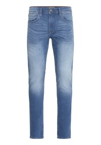 Jeans de denim en azul claro con corte Slim. Presenta cinco bolsillos, trabillas para el cinturón y una sutil textura desgastada en la parte delantera y trasera.