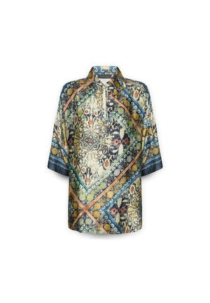 Multicolor blouse featuring geometric patterns and floral designs, made of lightweight fabric, with a mandarin collar and short sleeves.