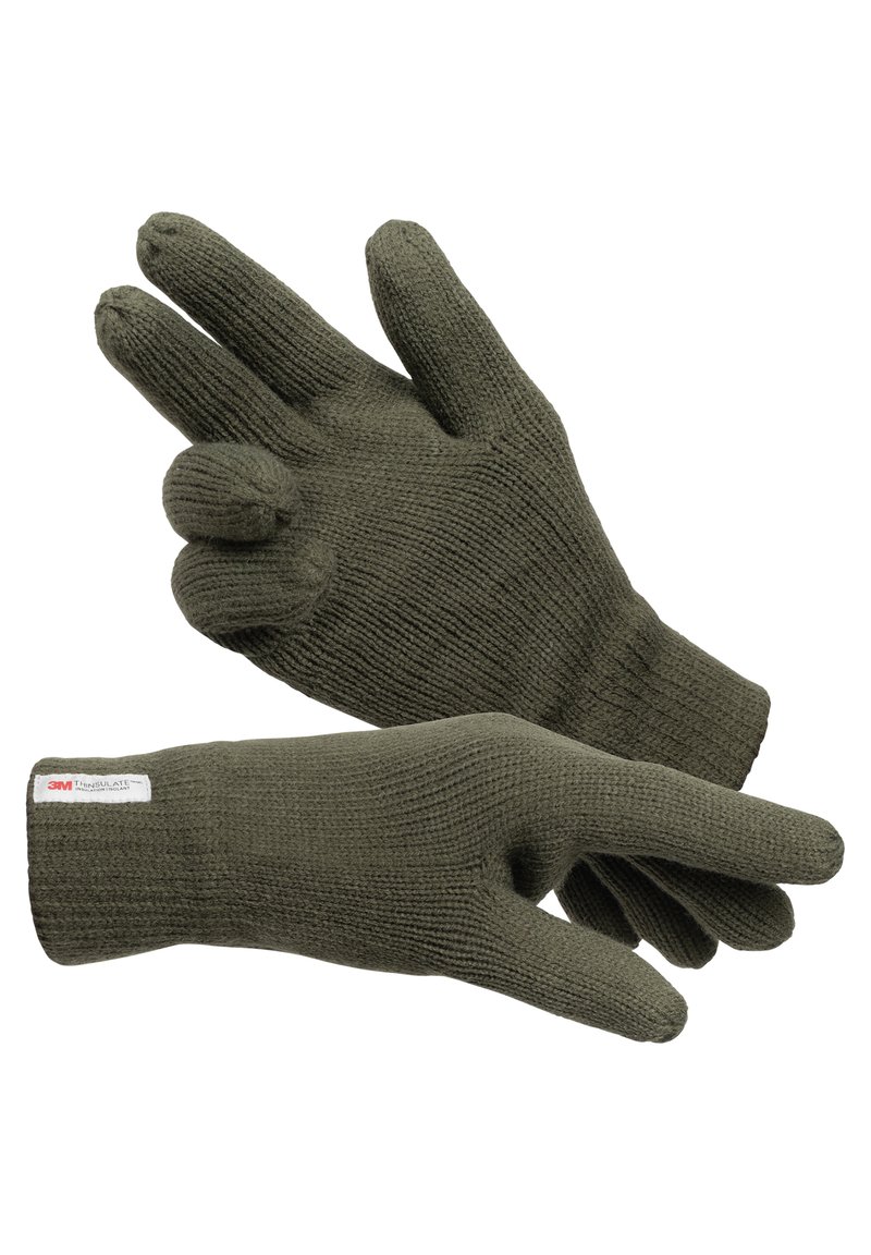Guanti in maglia verde oliva con texture a costine, design sagomato per le dita e etichetta 3M Thinsulate sul polsino per isolamento e calore.