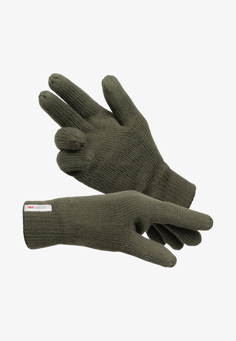 Guantes de punto verde oliva con una textura acanalada, diseño de dedos ajustado y etiqueta 3M Thinsulate en el puño para aislamiento y calidez.