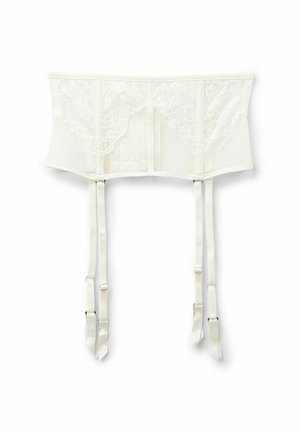 Weißer Spitzen- und Satin-Strumpfhalter mit vier verstellbaren Trägern und Metallverschlüssen vor weißem Hintergrund.