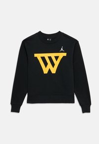 Sudadera negra con diseño cropped, con un gran logo "W" amarillo y un pequeño logo jumpman blanco en el pecho. Textura suave, corte holgado.
