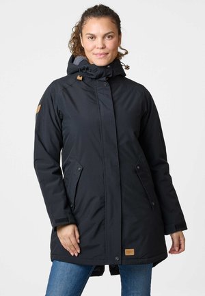 Veste parka noire imperméable avec capuche, dotée de deux poches avant, de boutons-pression et d'un intérieur texturé. Accent en cuir tan avec logo à l'ourlet.
