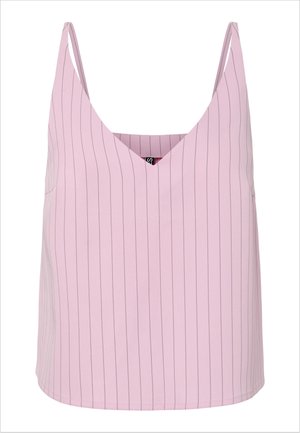 Débardeur rose clair avec fines rayures verticales noires et col en V, présenté sur un fond blanc.