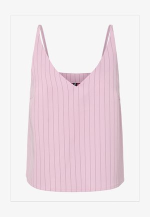 Jasnoróżowy top bez rękawów z cienkimi pionowymi czarnymi paskami i dekoltem w kształcie litery V, prezentowany na białym tle.