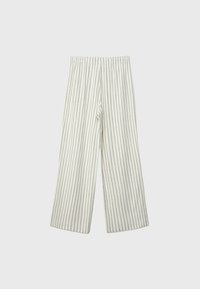 Pantalon ample léger de couleur crème avec de fines rayures verticales grises, doté d'une ceinture élastique et d'un tissu doux et texturé.
