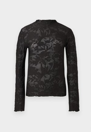 Top preto de manga longa em renda transparente com padrões florais e gola alta, em fundo branco liso.