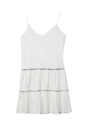 Weißes ärmelloses Kleid mit dünnen Trägern, V-Ausschnitt und zwei horizontalen Reihen kleiner silberner Pailletten auf einem gestuften Rock.