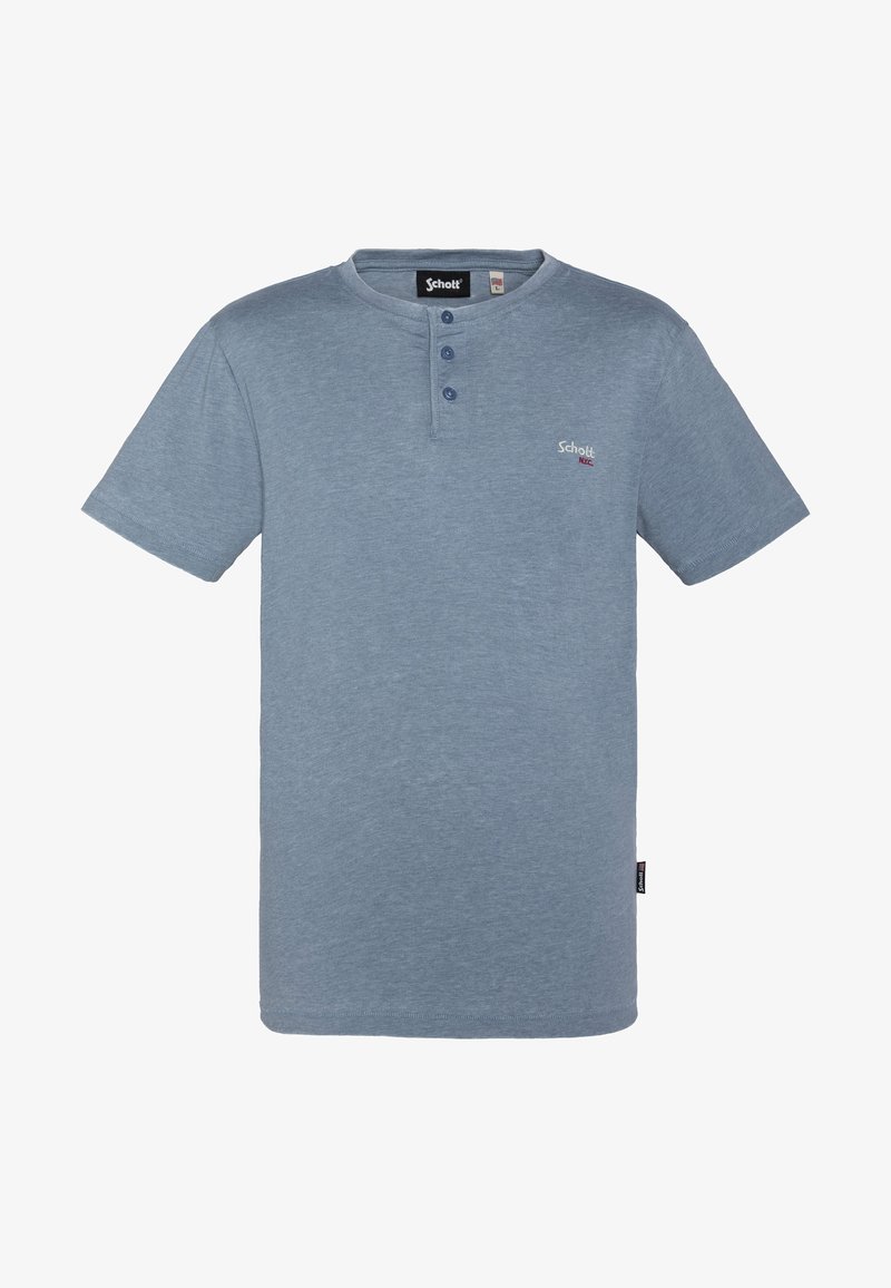 Chemise henley à manches courtes bleue en coton doux, dotée de trois boutons au niveau du cou et d'un logo minimaliste sur la poitrine.