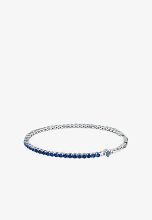 Bracciale in tonalità argento con una fila di gemme blu, dal design elegante e flessibile, dotato di una chiusura sicura per una facile indossabilità.