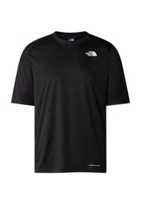 Black short-sleeve athletic t-shirt with crew neck, textured fabric, and white logos on the chest and hem. Lightweight design for active use.