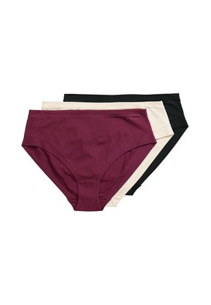 Drei Paar nahtlose Damen-Baumwollslips in Burgund, Beige und Schwarz, übereinander gestapelt auf weißem Hintergrund.