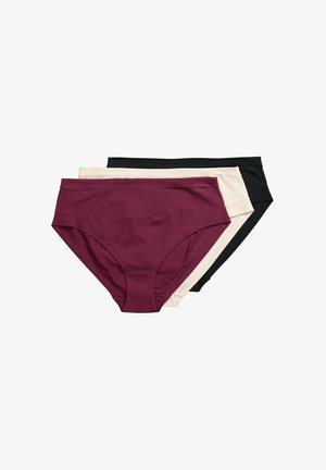 Drei Paar nahtlose Damen-Baumwollslips in Burgund, Beige und Schwarz, übereinander gestapelt auf weißem Hintergrund.