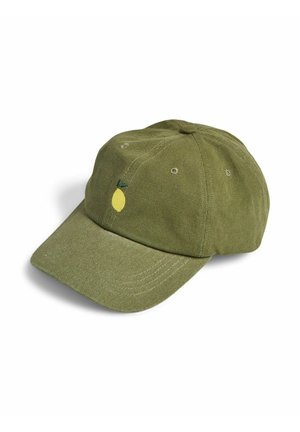 Casquette de baseball en coton vert olive avec petit citron jaune et feuille verte brodés sur le panneau avant.