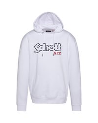Felpa bianca con cappuccio realizzata in cotone, dotata di tasca a marsupio frontale. Presenta il logo "Schott" e "N.Y.C." in testo nero e rosso.
