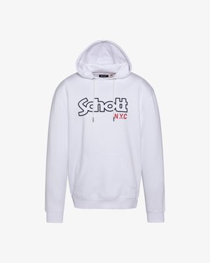 Sudadera blanca con capucha, hecha de algodón, con un bolsillo canguro en la parte delantera. Presenta el logo "Schott" y "N.Y.C." en texto negro y rojo.