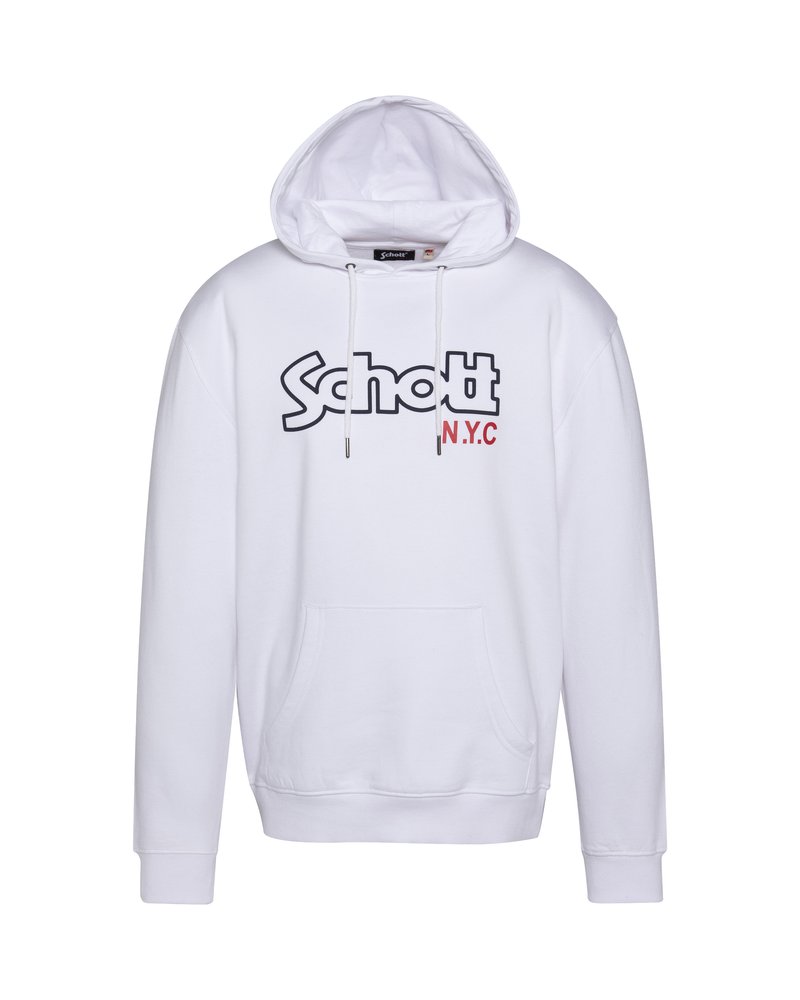 Felpa bianca con cappuccio realizzata in cotone, dotata di tasca a marsupio frontale. Presenta il logo "Schott" e "N.Y.C." in testo nero e rosso.