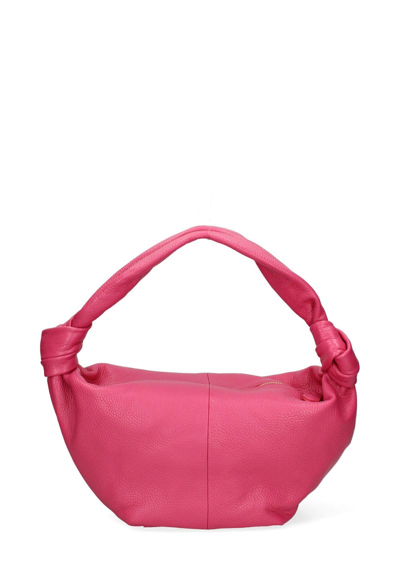 Roze leren handtas met een geknoopte hengsel, afgeronde vorm, gestructureerd oppervlak en een ritsluiting aan de bovenkant.