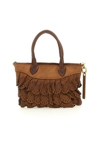 Braune Lederhandtasche mit geschichteten, perforierten Rüschen. Sie hat zwei kurze Griffe und einen goldfarbigen Reißverschluss mit einem Markentag.