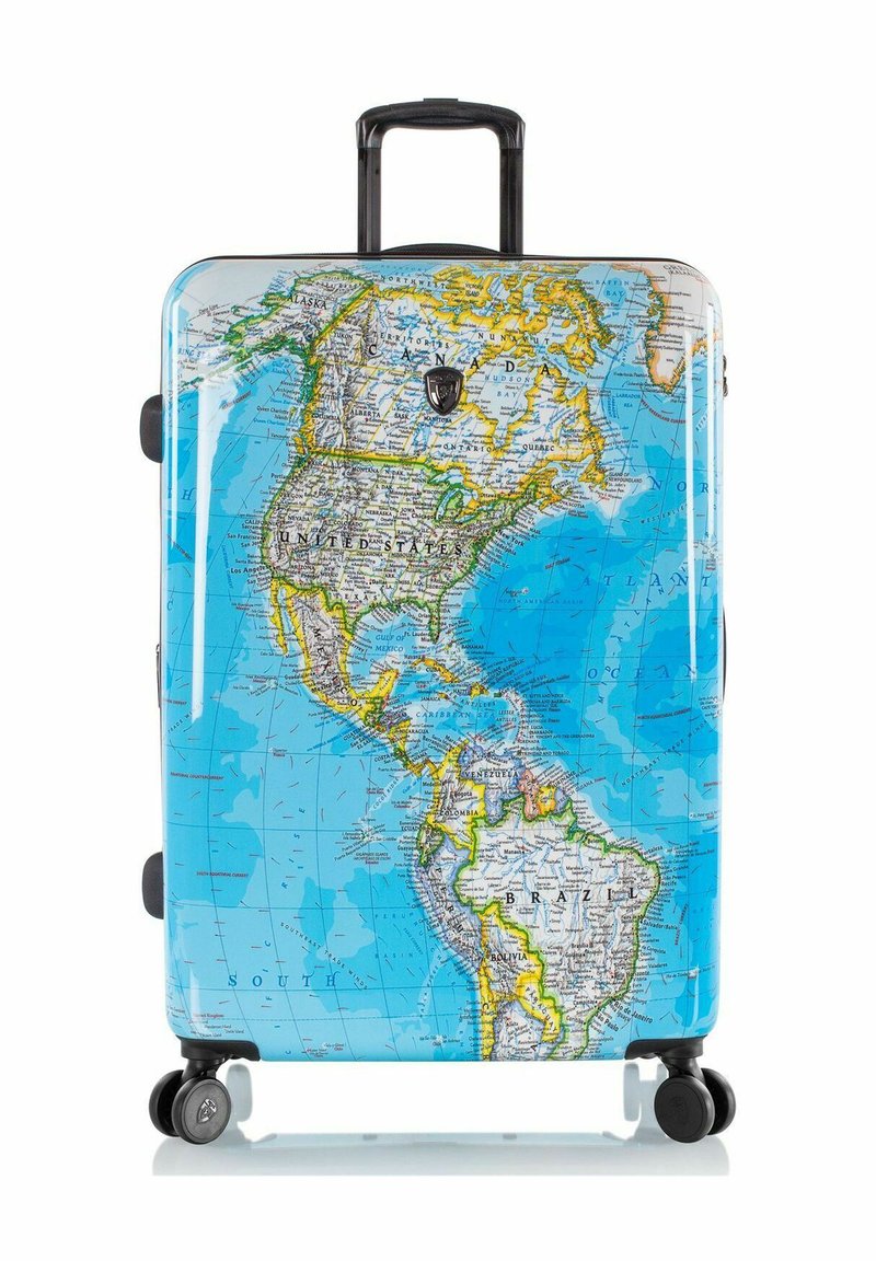 Valigia rigida con design della mappa del mondo, prevalentemente blu con dettagli geografici. Quattro ruote e manico retrattile.