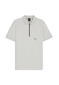 Light gray short-sleeve polo shirt with collar, black front zipper, chest pocket, and BOSS logo on the pocket.