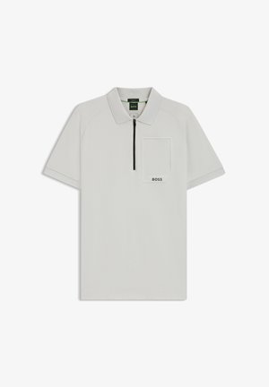 Light gray short-sleeve polo shirt with collar, black front zipper, chest pocket, and BOSS logo on the pocket.