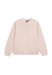 Jasnoróżowy ś sweatshirt wykonany z miękkiego materiału, z okrągłym dekoltem, długimi rękawami i małym logo na klatce piersiowej, z prążkowanymi mankietami i dołem.