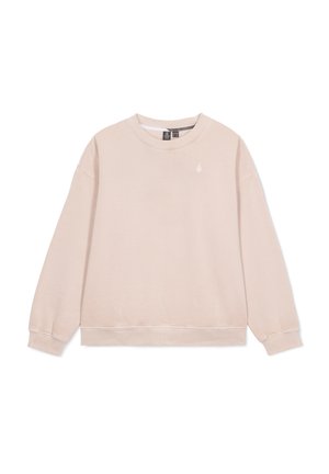 Sudadera de color rosa claro hecha de tejido suave, con cuello redondo, mangas largas y un pequeño logo en el pecho, con puños y dobladillo acanalados.