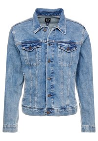 Ljusblå denimjacka med två bröstfickor, knäppning fram med knappar och robusta sömnadsdetaljer vid ärmsluten och fållen.