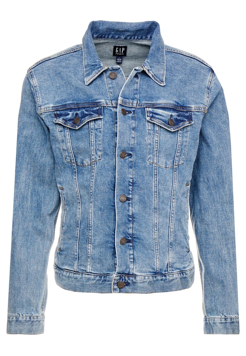 Ljusblå denimjacka med två bröstfickor, knäppning fram med knappar och robusta sömnadsdetaljer vid ärmsluten och fållen.