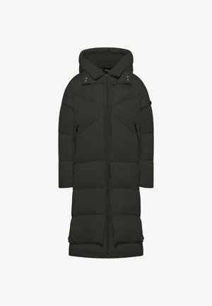 Długie, pikowane zimowe płaszcze w ciemnozielonym kolorze, z kapturem, kieszeniami na łatkach, wzorem w diamenty oraz zatrzaskami przy dekolcie.