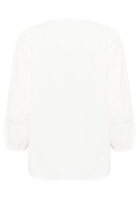 White long-sleeve top made of soft fabric, featuring a relaxed fit, round neckline, and detailed embroidery on the puffed sleeves.